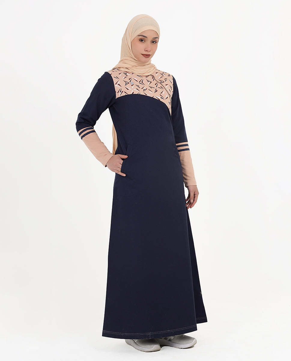 Navy & Tan Linear Print Jilbab