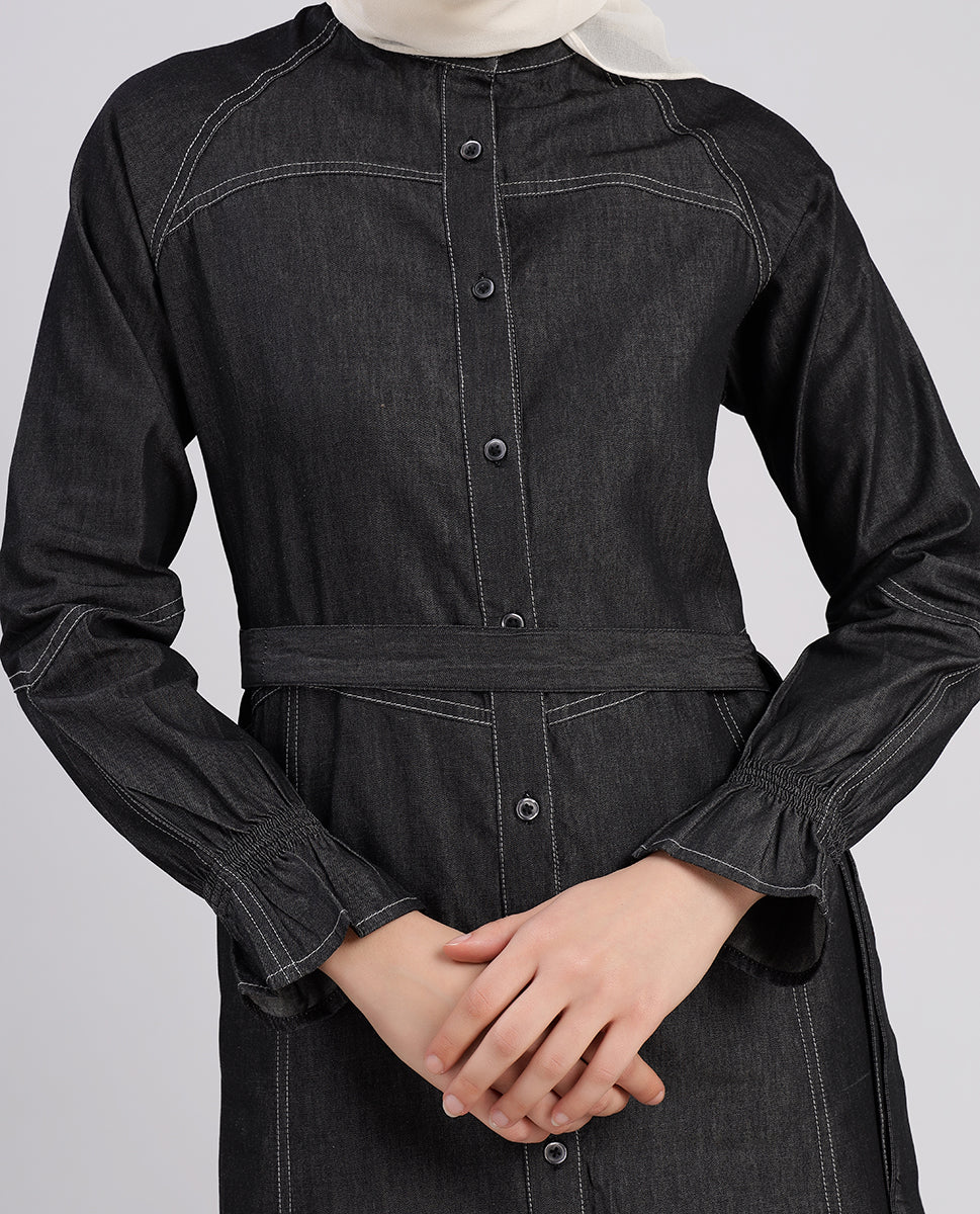 Urban Grace Smoking Detail Sleeves Abaya- Black