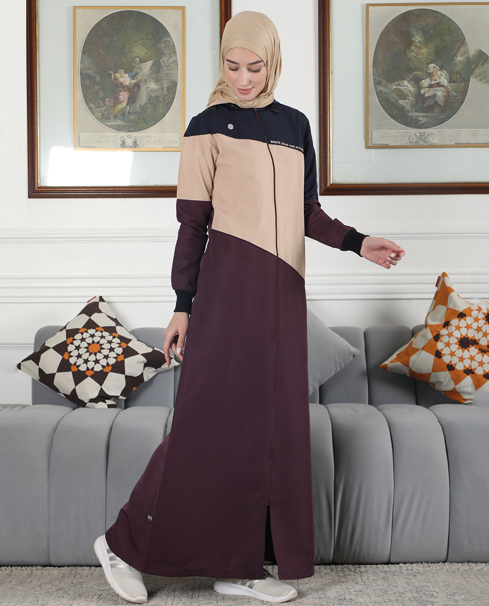 Burgundy Contrast Full Front Open Hooded Jilbab