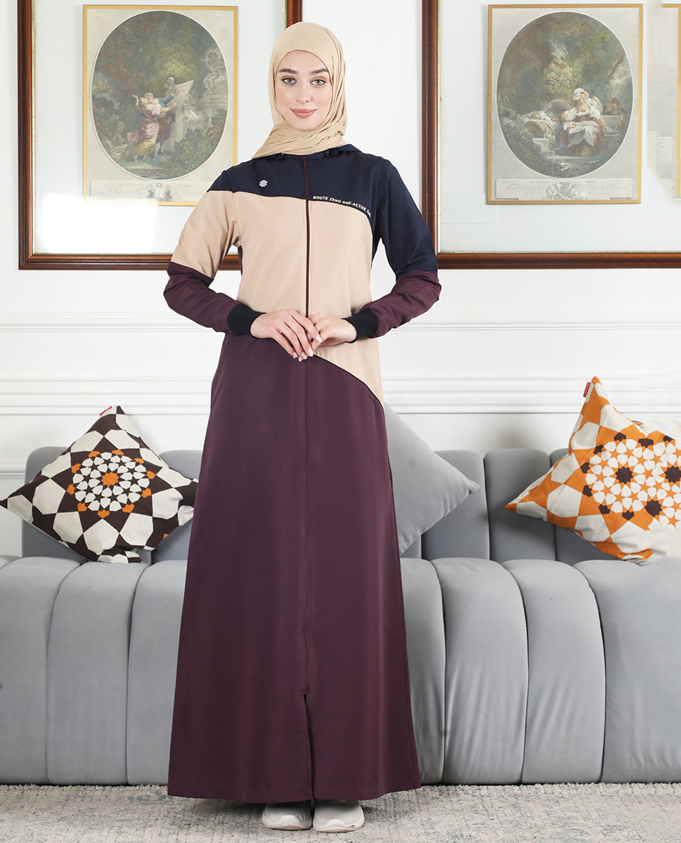 Burgundy Contrast Full Front Open Hooded Jilbab