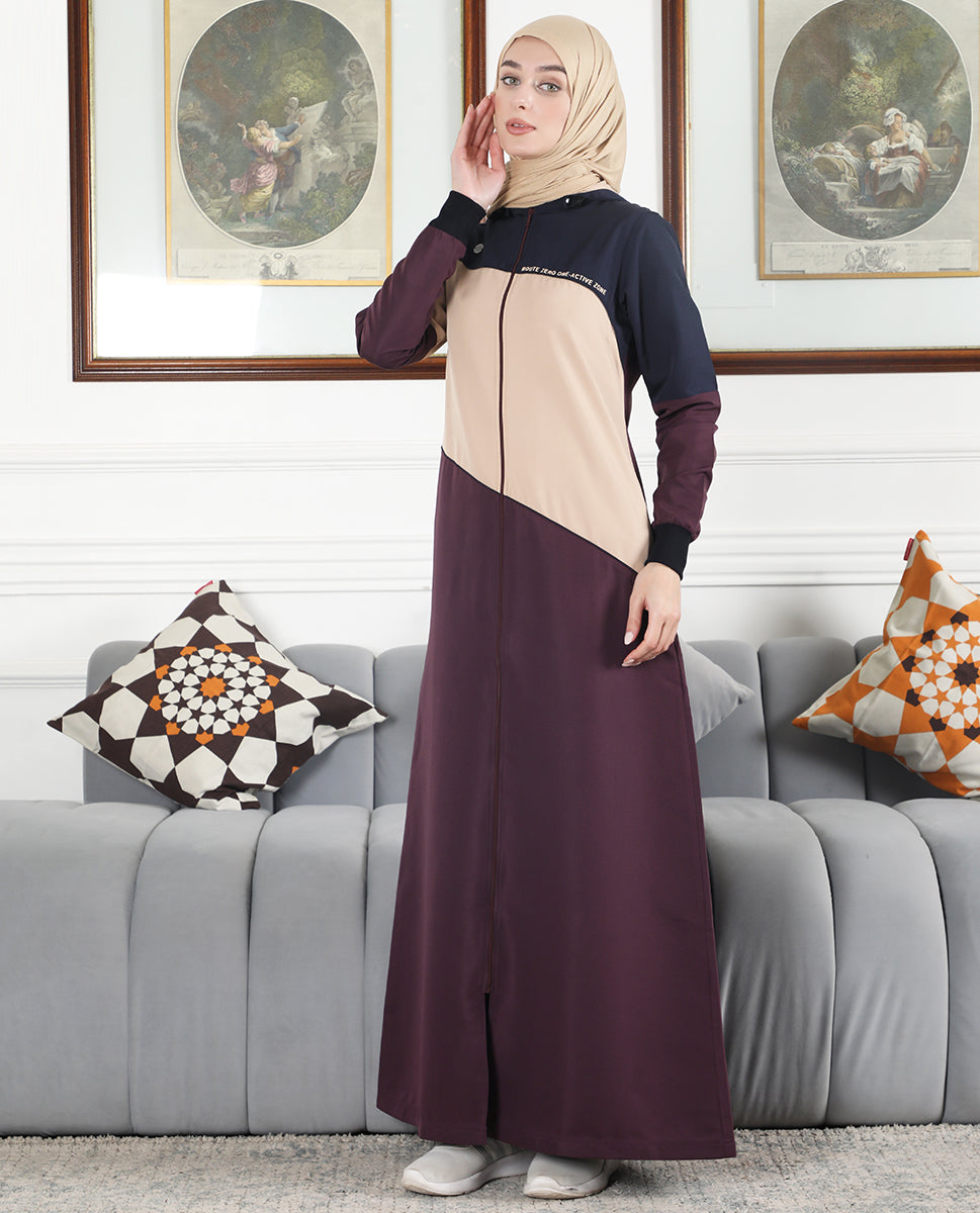 Burgundy Contrast Full Front Open Hooded Jilbab