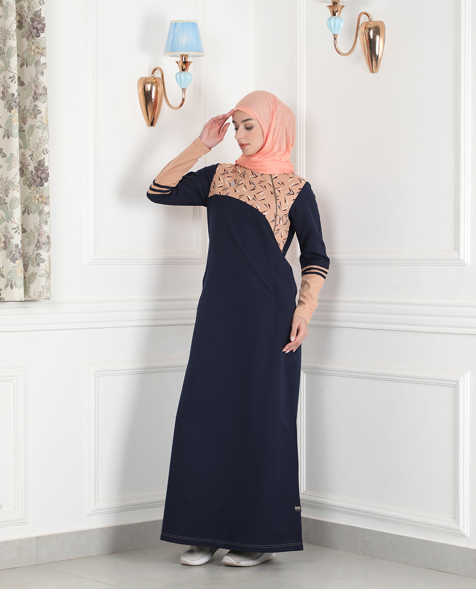 Navy & Tan Linear Print Jilbab