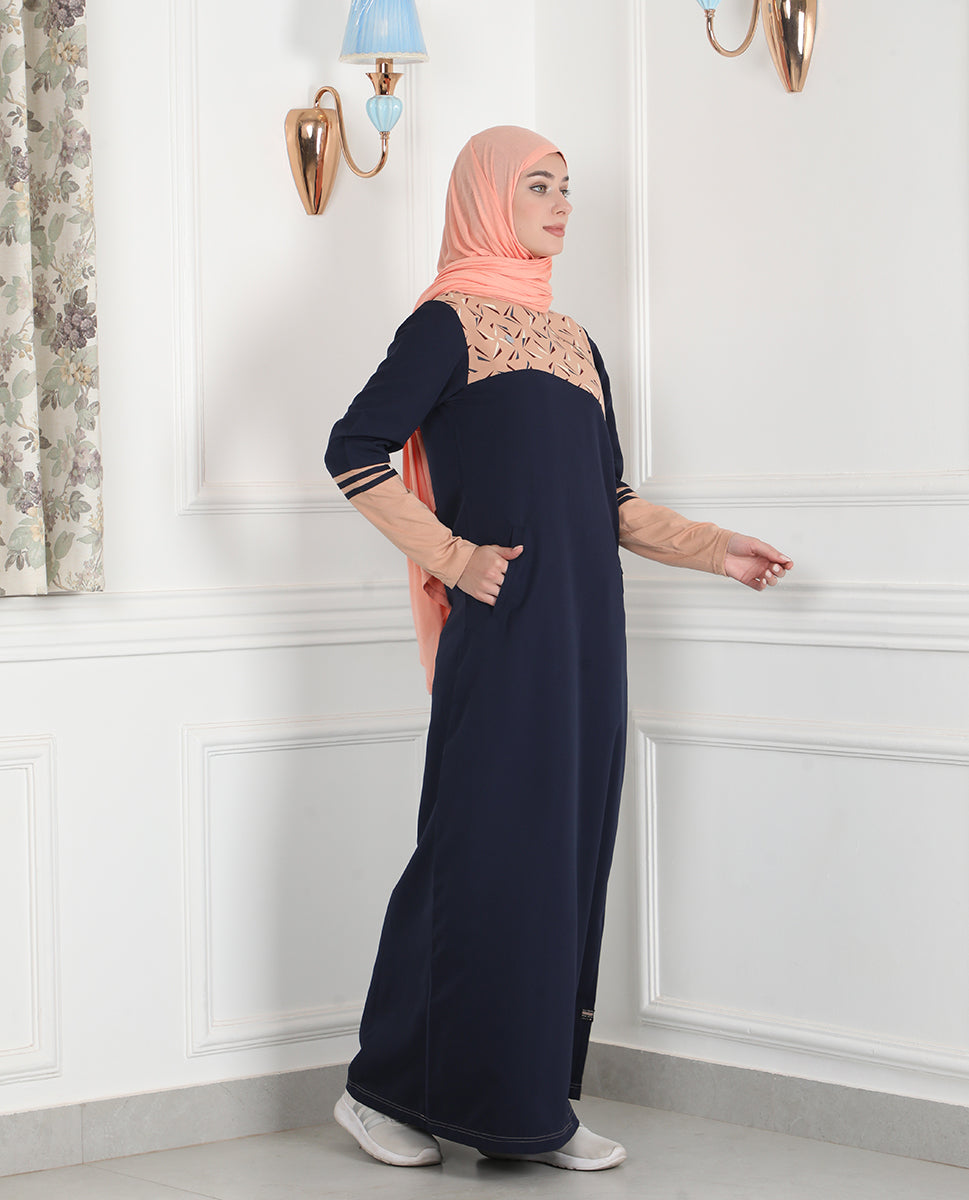 Navy & Tan Linear Print Jilbab