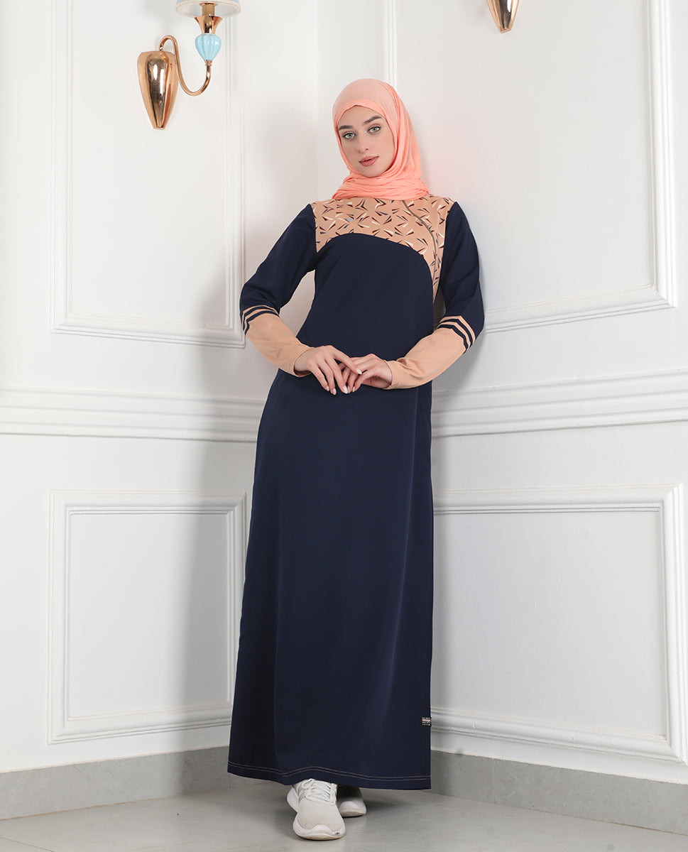 Navy & Tan Linear Print Jilbab