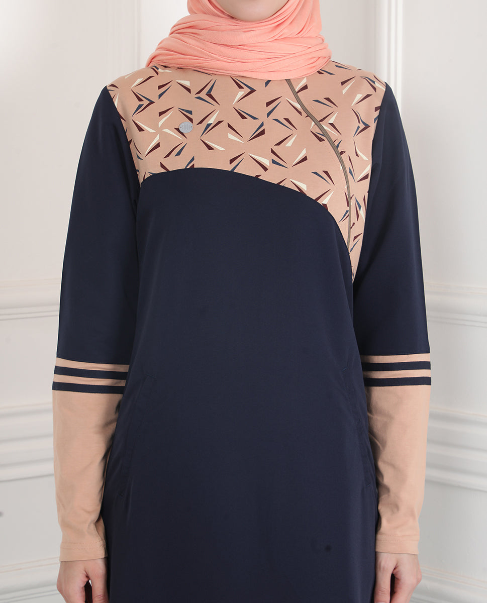 Navy & Tan Linear Print Jilbab