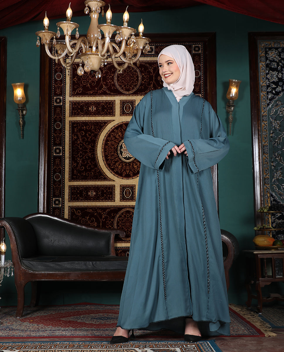 Mystic Teal Embellished Full Front Open Abaya