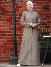 Brown Fungi Coat Style Belted Winter Jilbab, urban abaya, jilbab, modest wear, Islamic dress, long dress