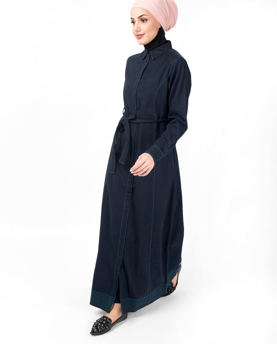 Full Front Open Navy Waist Tie Up Abaya