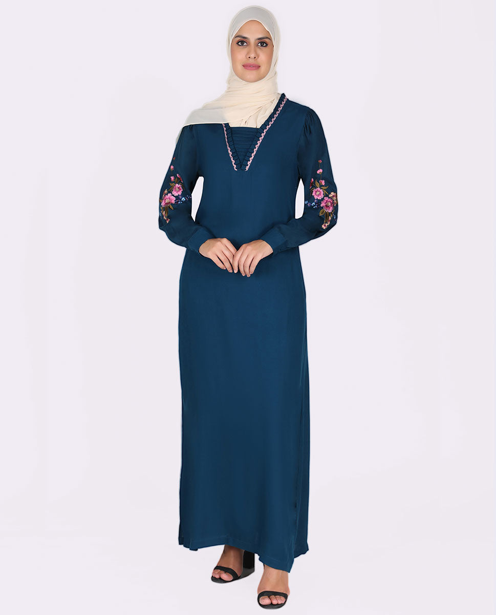 Frilled Neck Floral Emboidery Teal Abaya