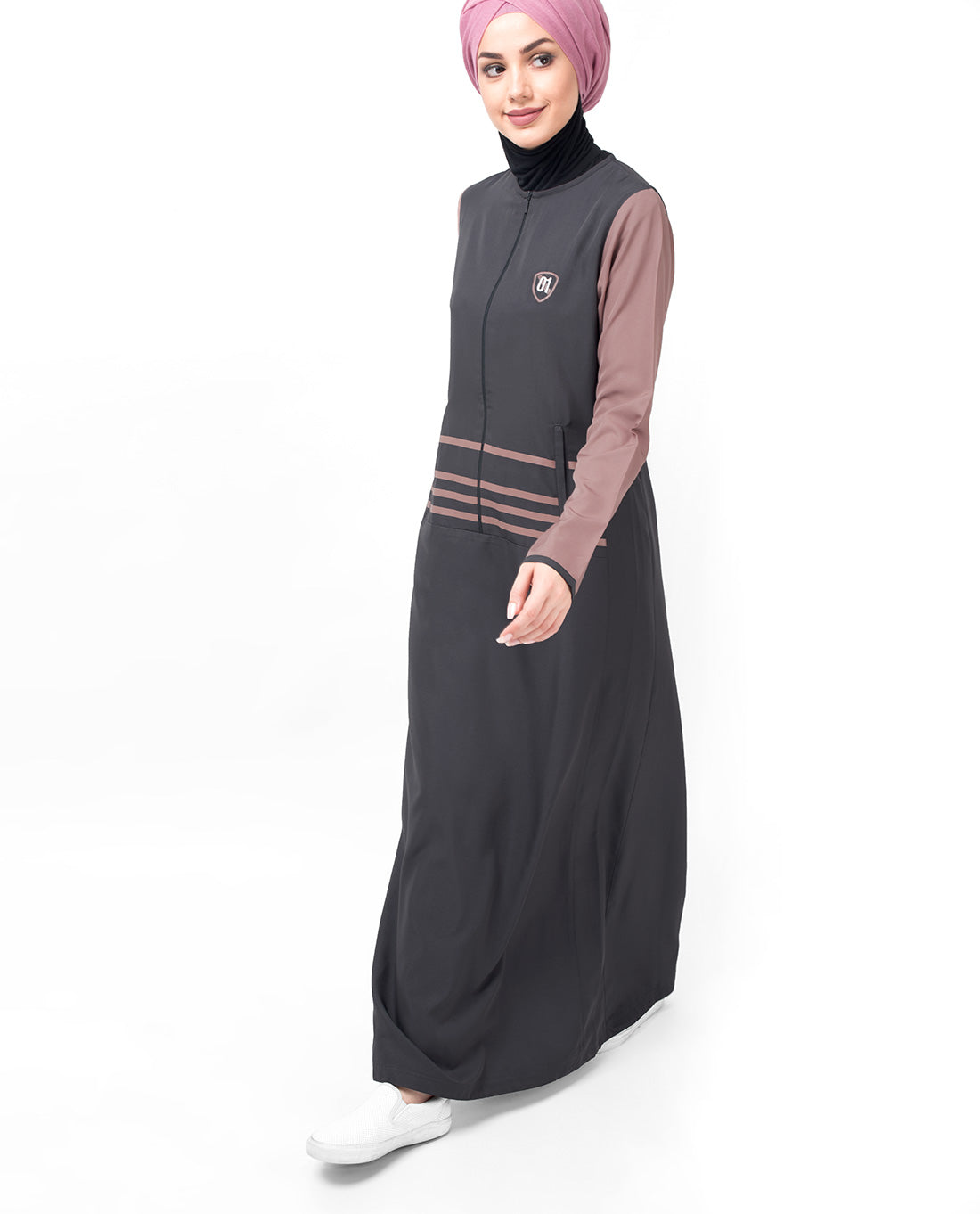 Grey Long Zip & Contrast Sleeve Abaya