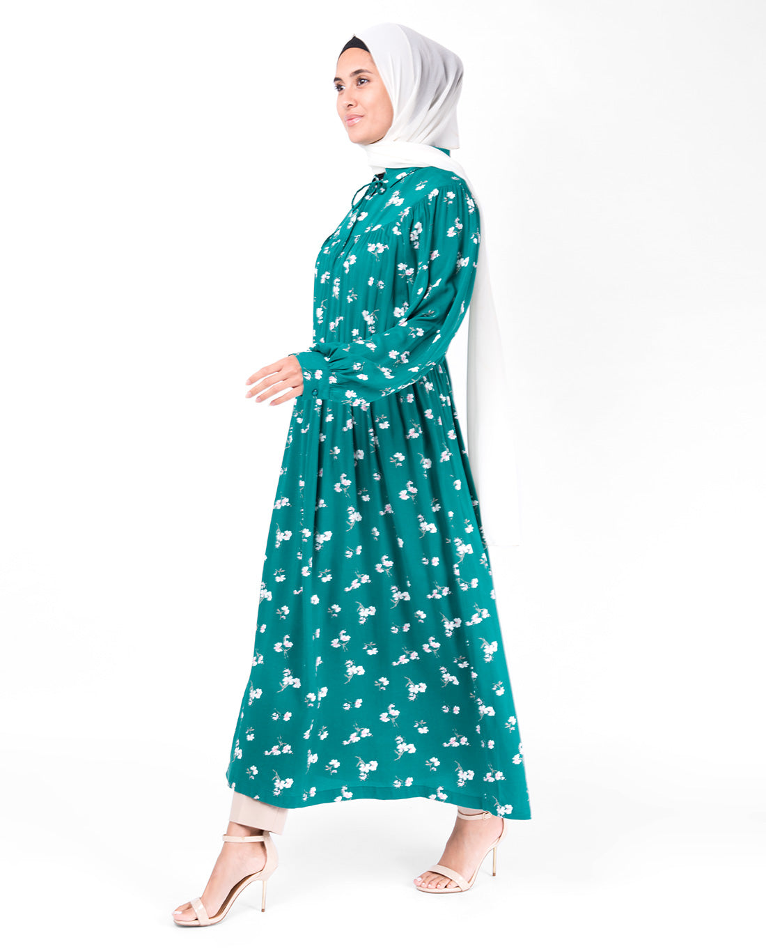 Teal Gathered Waist Midi Dress