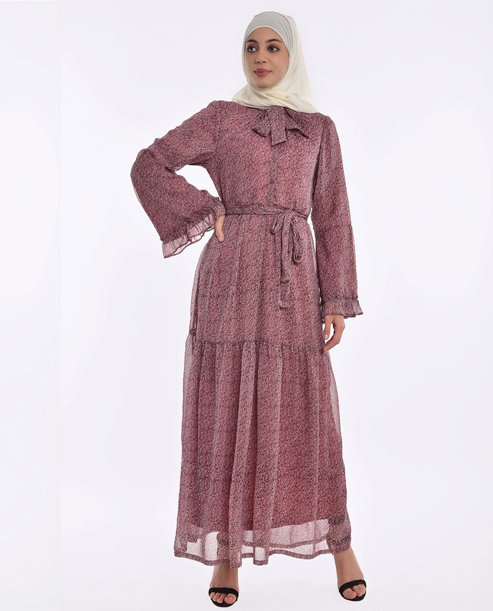 Tie Neck Style Dusty Pink Abaya