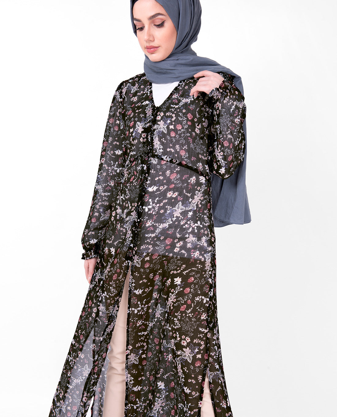 V Neck Black Floral Sheer Outerwear