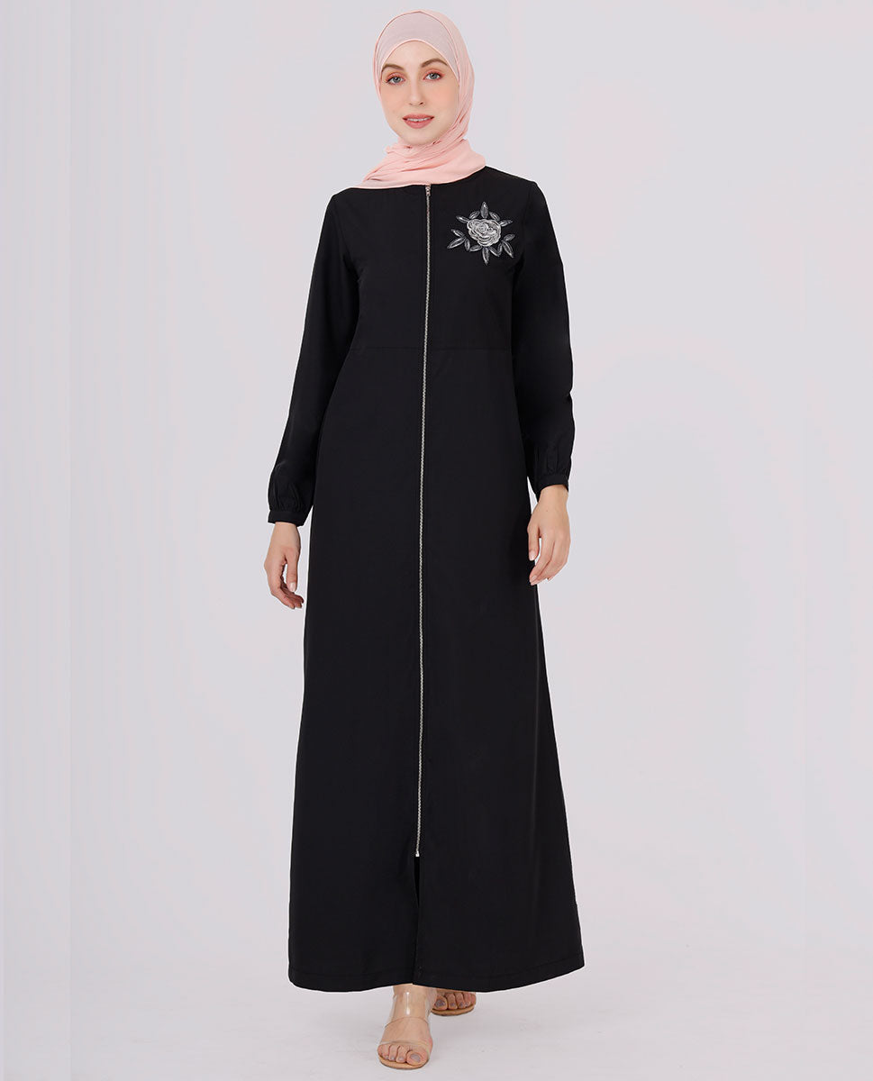 Full Front Open Black Embroidered Jilbab