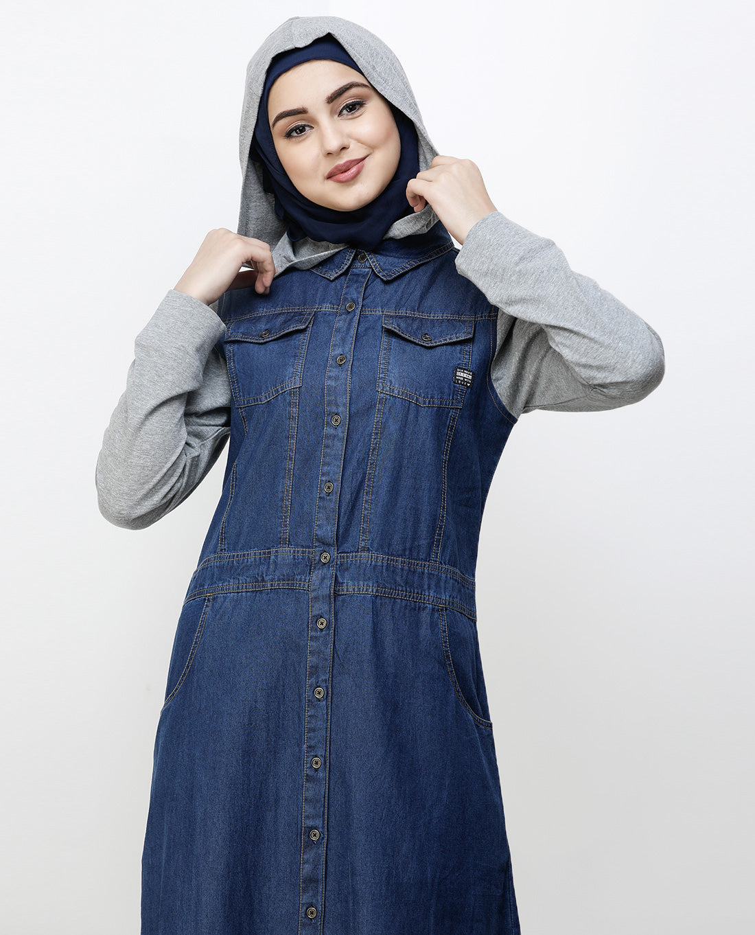 Blue Denim Detachable Hoodie Full Front Open Jilbab