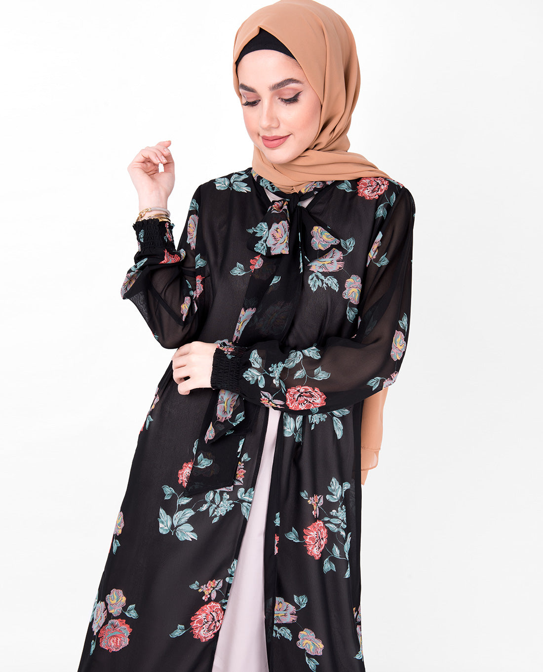 Black Floral Neck Tie Up Outerwear