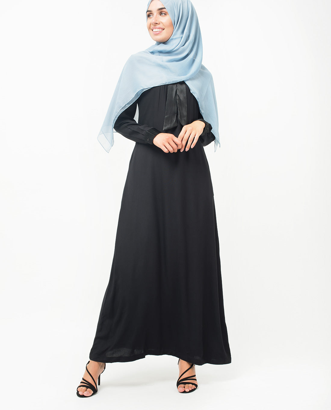 Satin Neck Tie Up Black Abaya