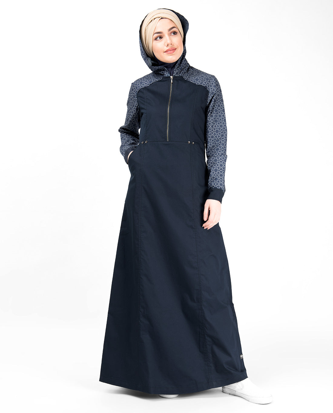 Blue Denim Hoodie Printed Abaya