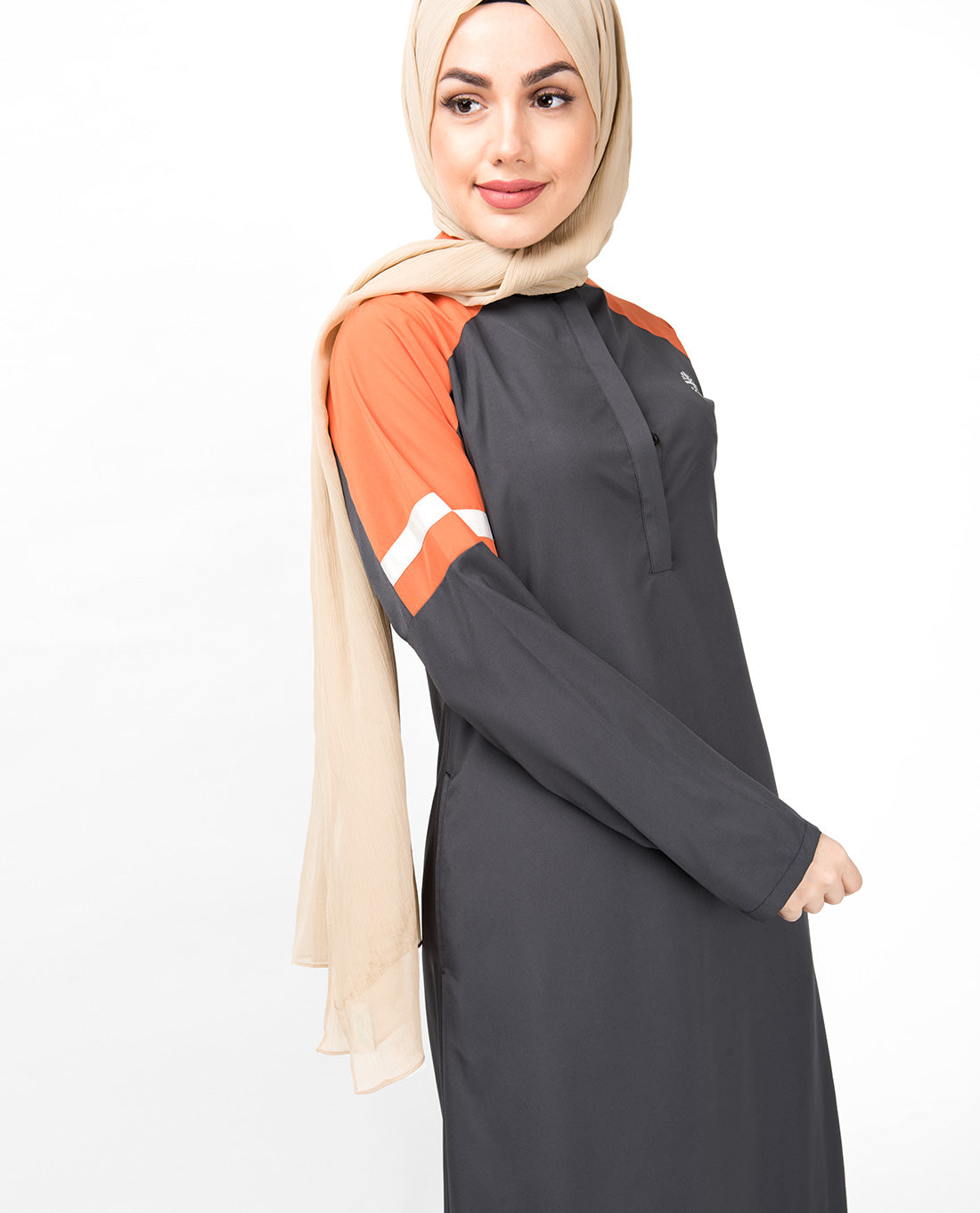 Grey & Orange Raised Neck Jilbab