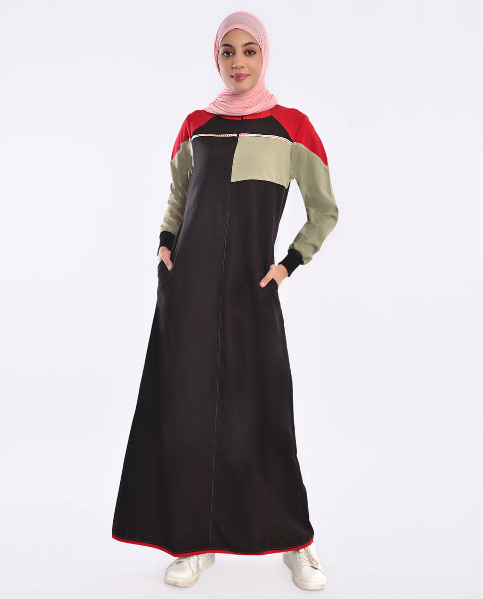 Red Highlights Black Color Block Jilbab