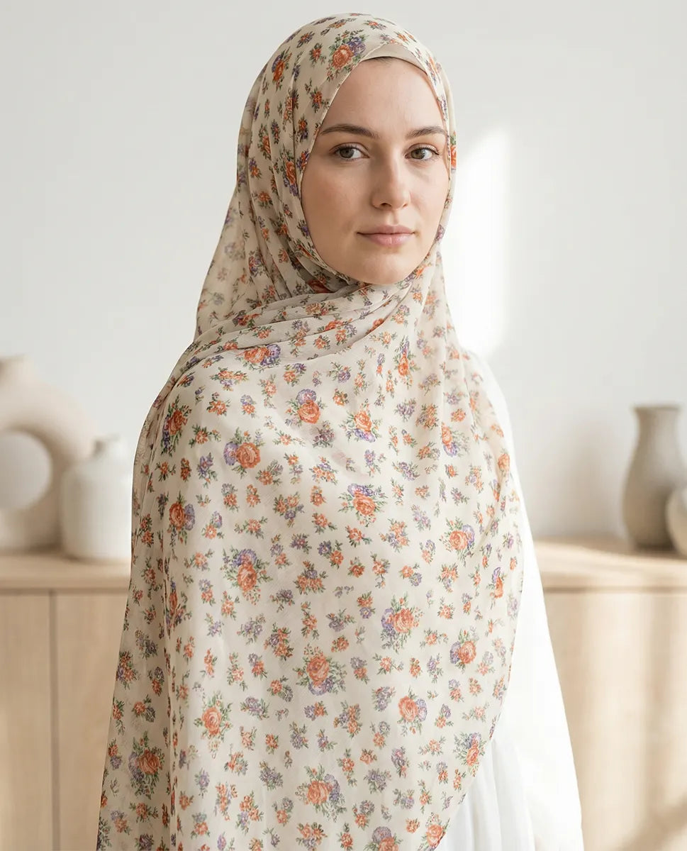 Ivory Bloom – Printed Georgette Hijab