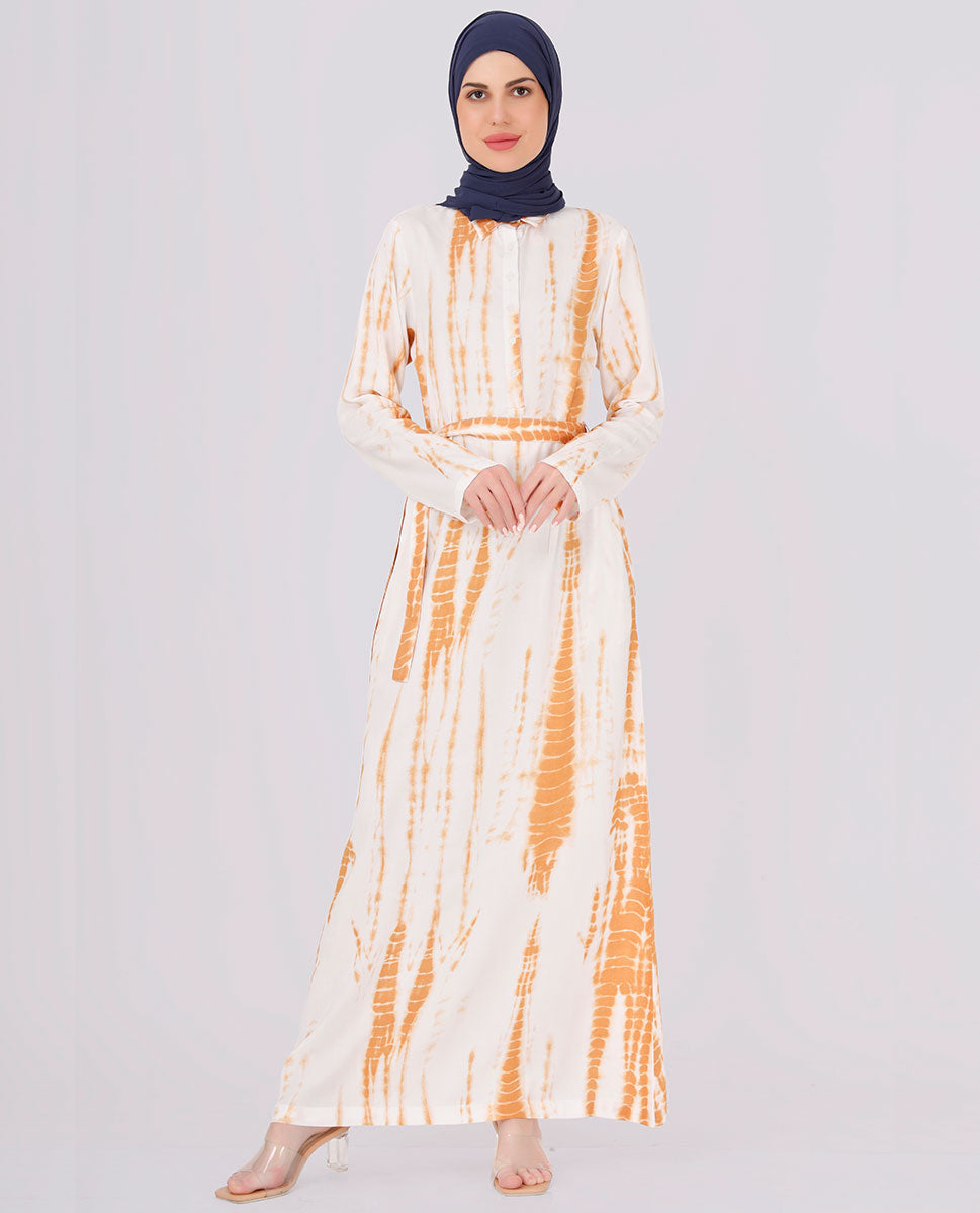 Brown And White Tie And Dye Printed Jilbab