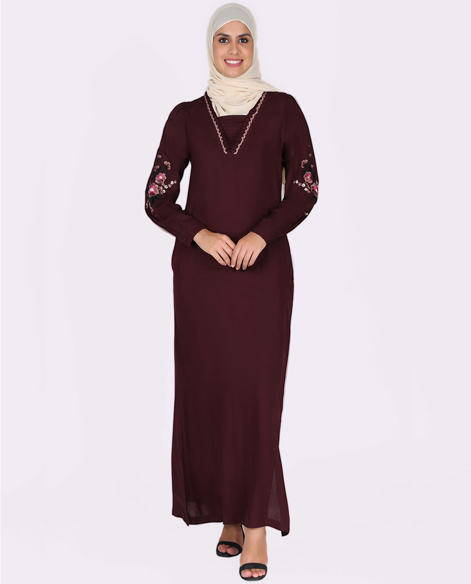 Frilled Neck Floral Embroidery Burgundy Abaya