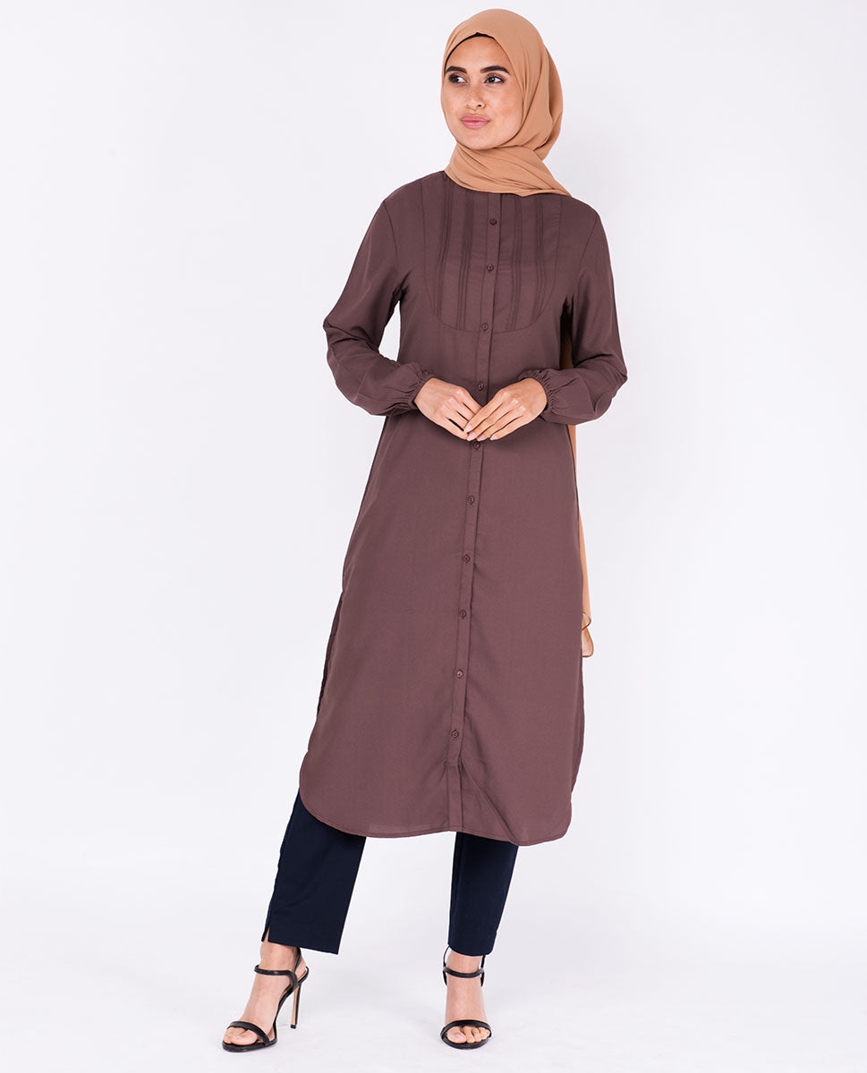 Deep Taupe Pin Tuck Shirt Dress