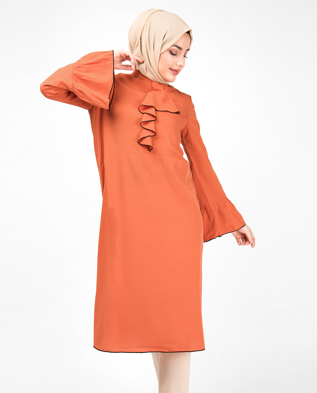 Arabesque Orange Ruffled Midi Dress