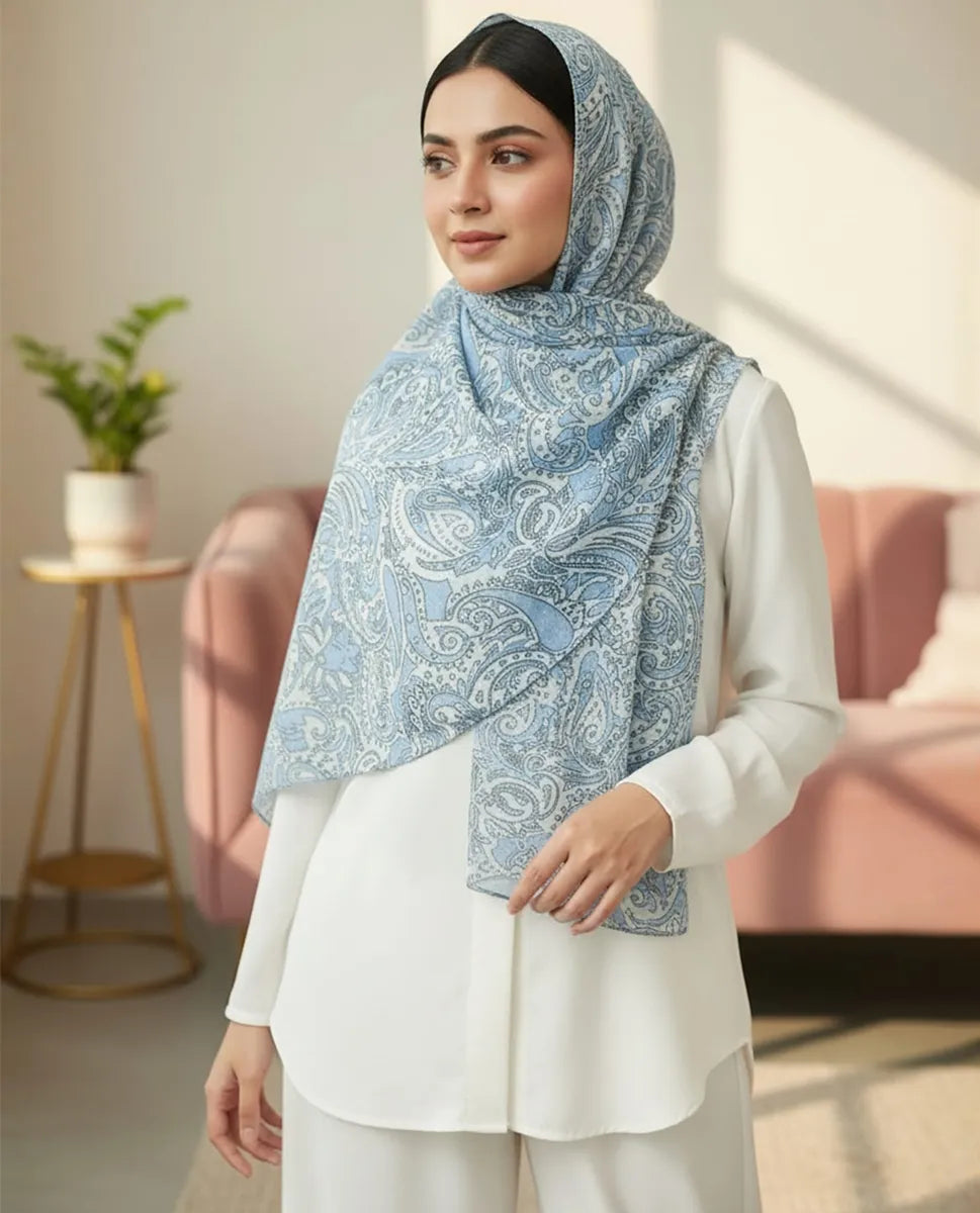 Powder Blue Paisley – Printed Georgette Hijab