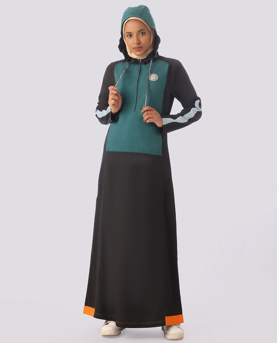 Black and Teal Jilbab with Orange Highlights