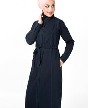 Full Front Open Navy Waist Tie Up Abaya