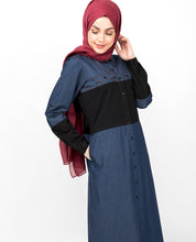 Blue & Black Full Front Open Denim Abaya