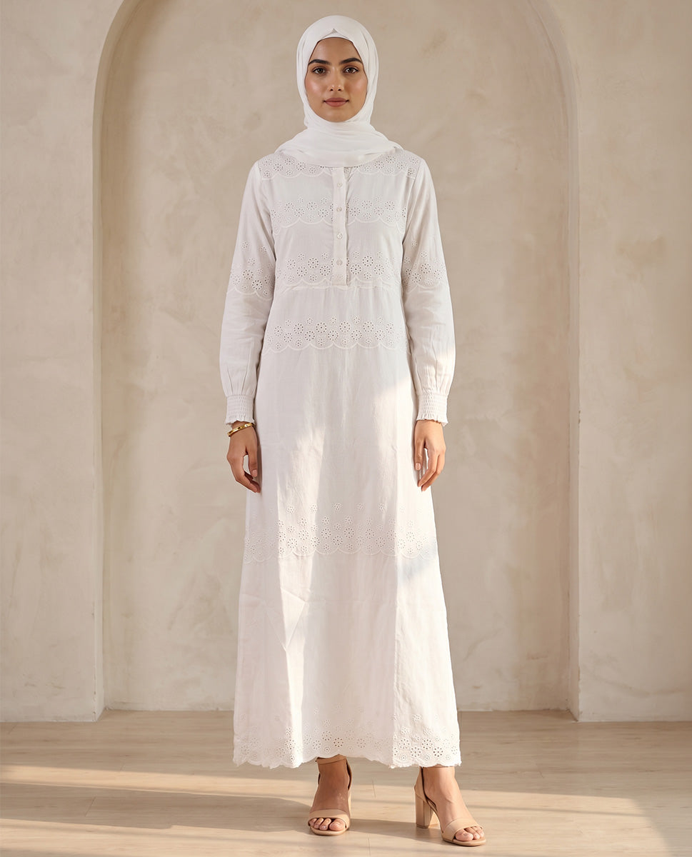 Floral Schiffli Half-Button Abaya