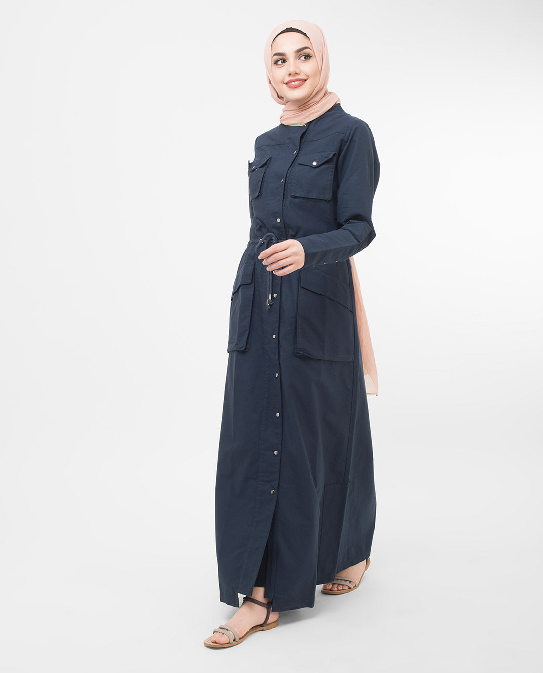 Fully Buttoned Front Open Navy Jilbab