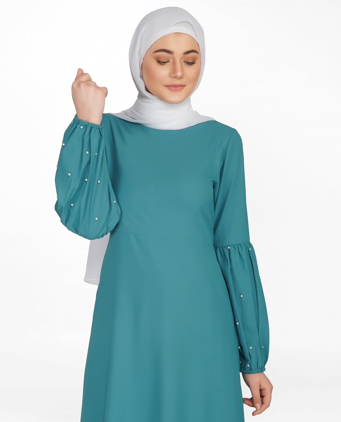 Pearl Embellished Brittany Blue Puffed Sleeve Abaya