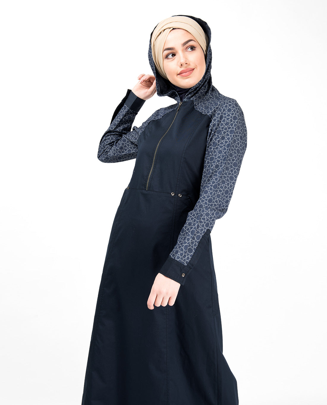 Blue Denim Hoodie Printed Abaya