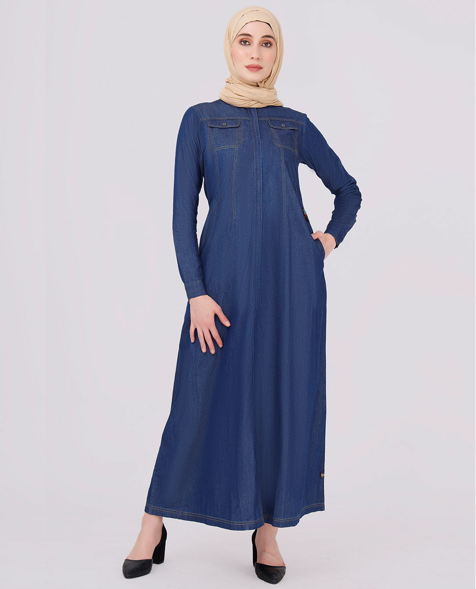 Full Front Open Mock Flaps Denim Jilbab