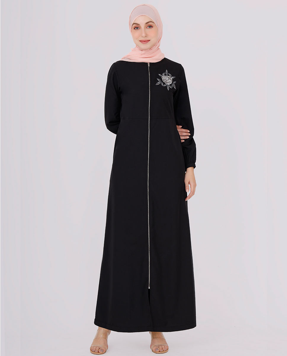 Full Front Open Black Embroidered Jilbab