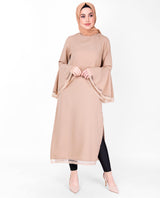 Warm Taupe Bell Sleeve Lace Midi Dress