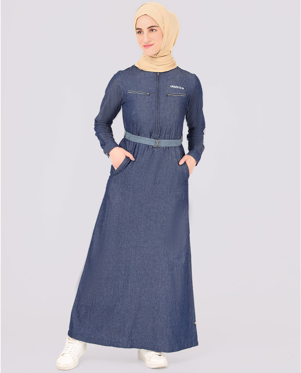 Crisp Blue Mock Flap Belted Jilbab