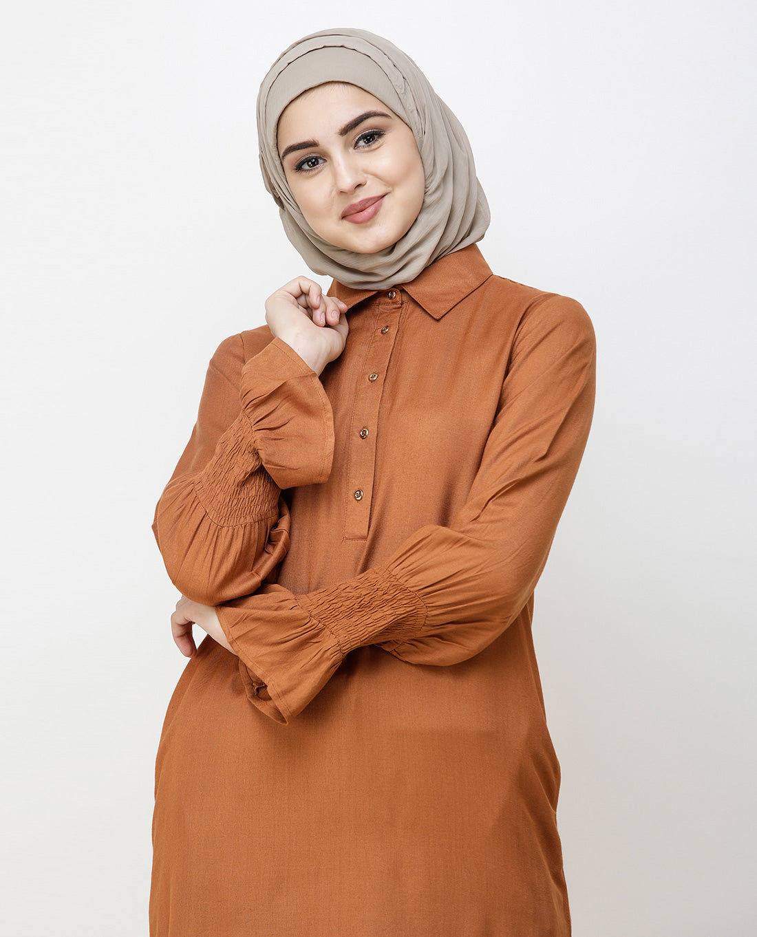 Glazed Ginger Smocked Sleeve Midi Dress