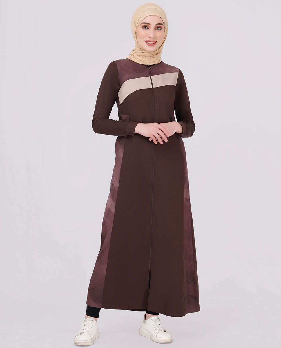 Diagonal Print Full Front Open Brown Jilbab