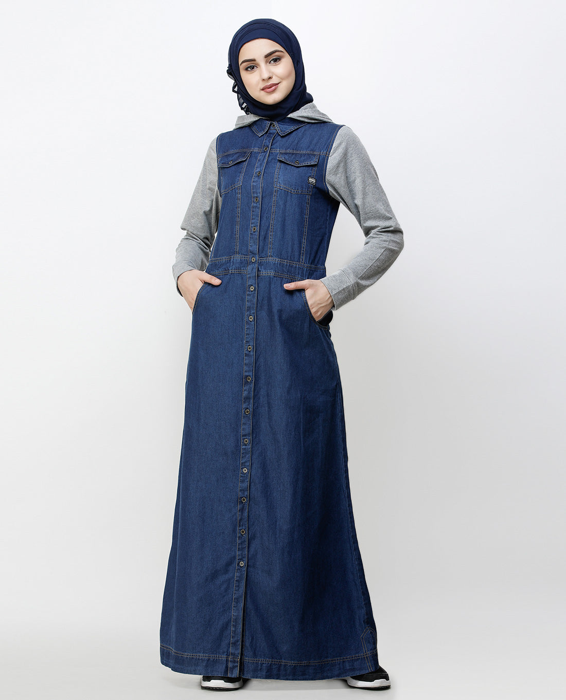 Blue Denim Detachable Hoodie Full Front Open Jilbab