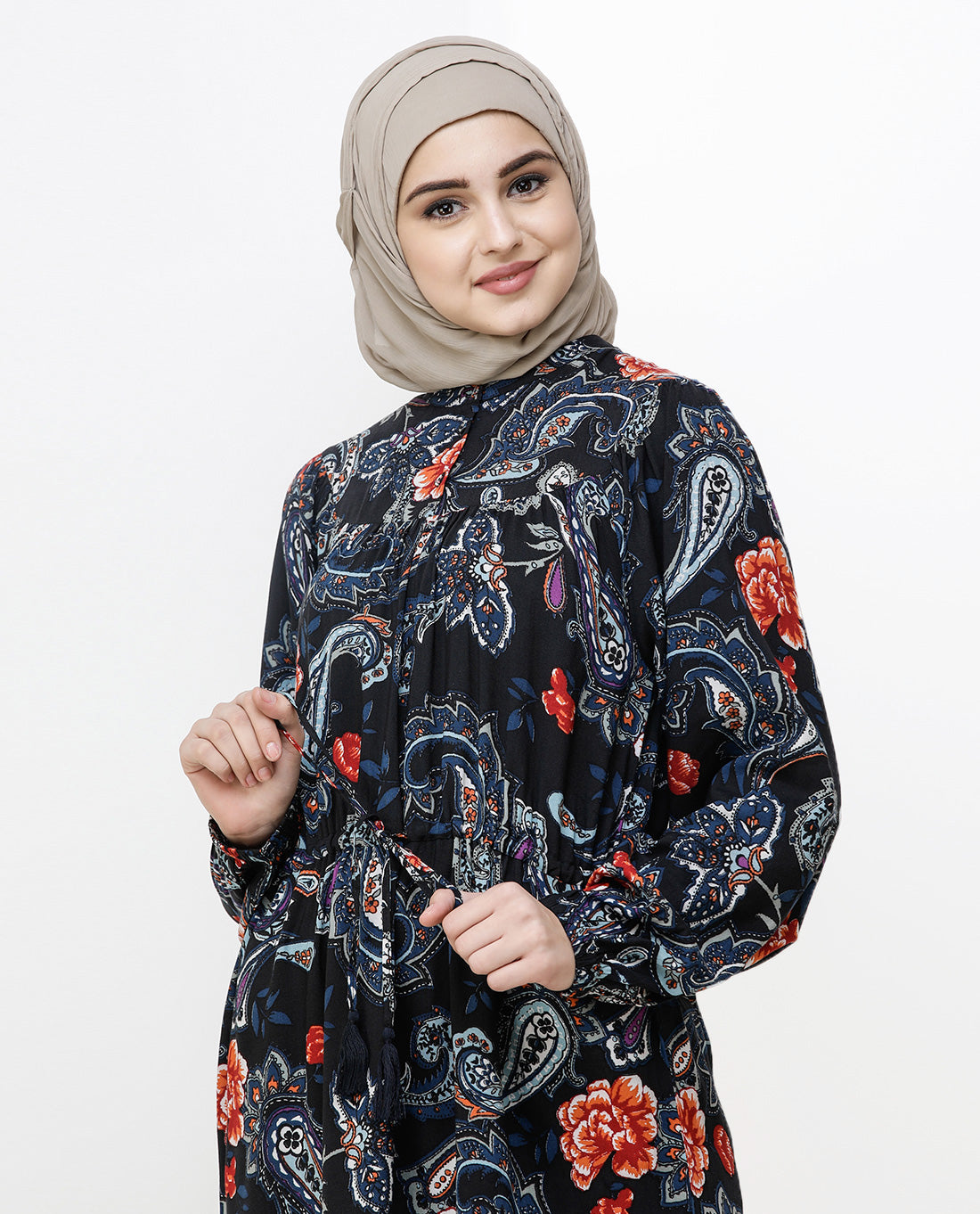 Black Paisley Balloon Sleeve Midi Dress