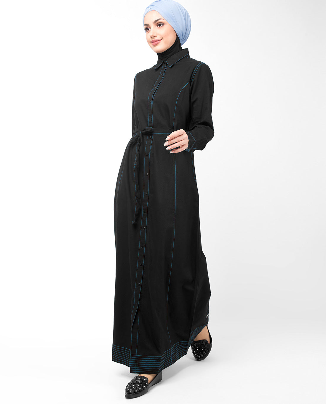 Full Front Open Black Waist Tie Up Abaya