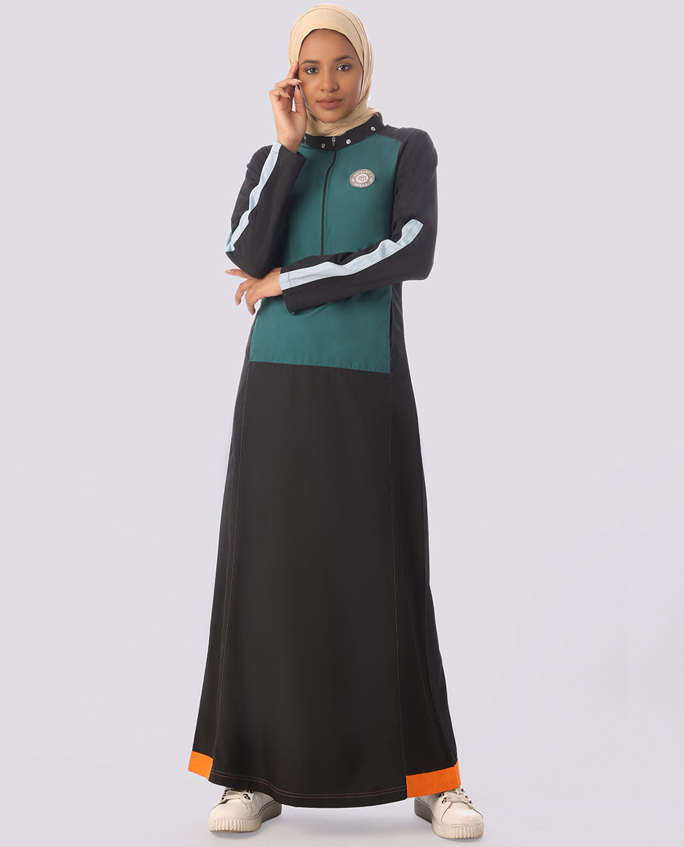 Black and Teal Jilbab with Orange Highlights