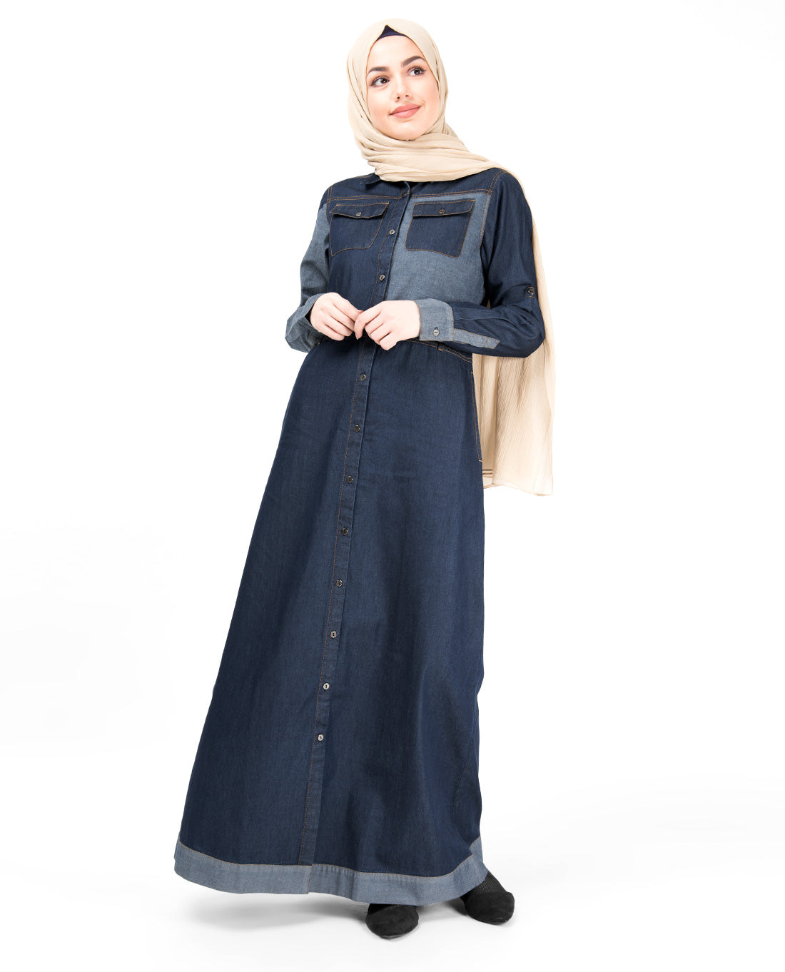 Contrast Chambray Full Front Open Denim Abaya