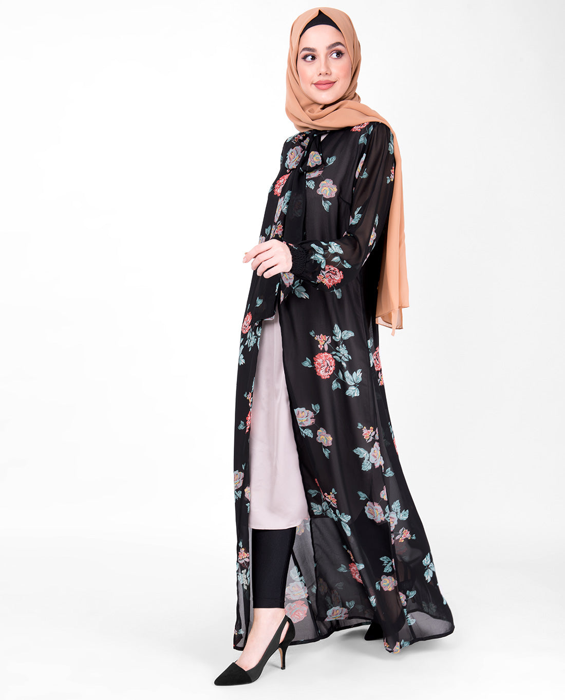 Black Floral Neck Tie Up Outerwear