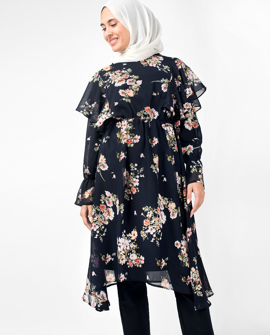 Navy Floral Handkerchief Boat Neck Midi Dress